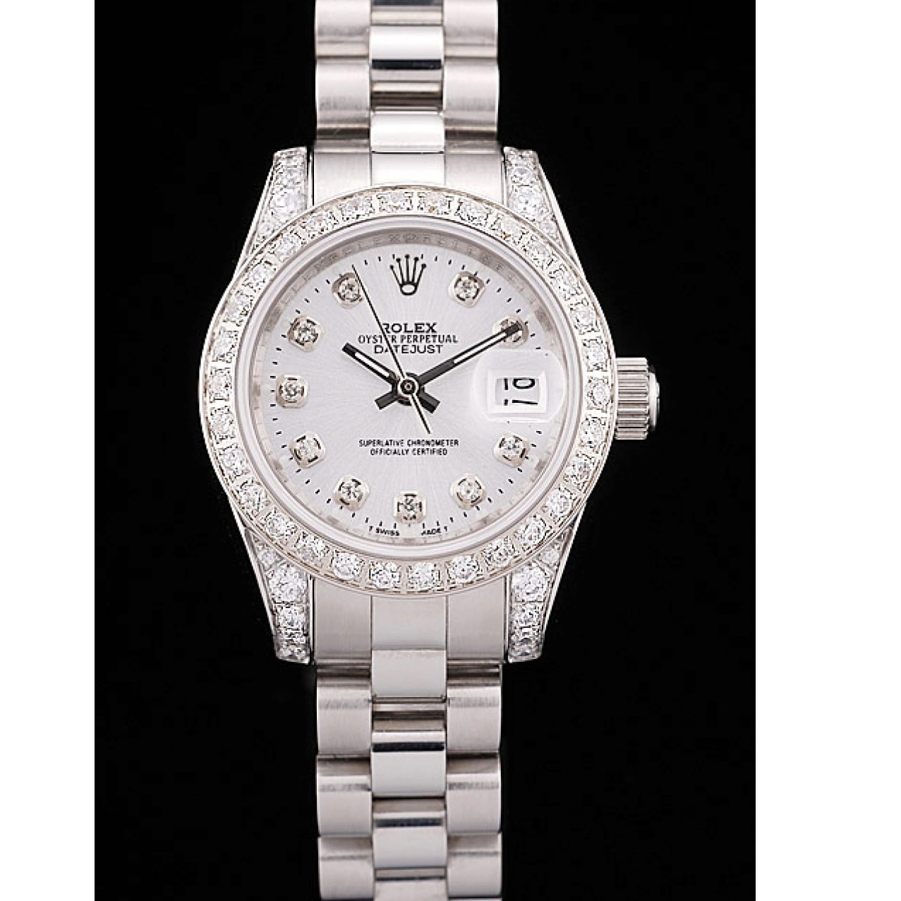 Aaa replica Brushed White DateJust Rolex Diamond Plated Dial Steel Case Diamond Stainless Bezel Plated 0816